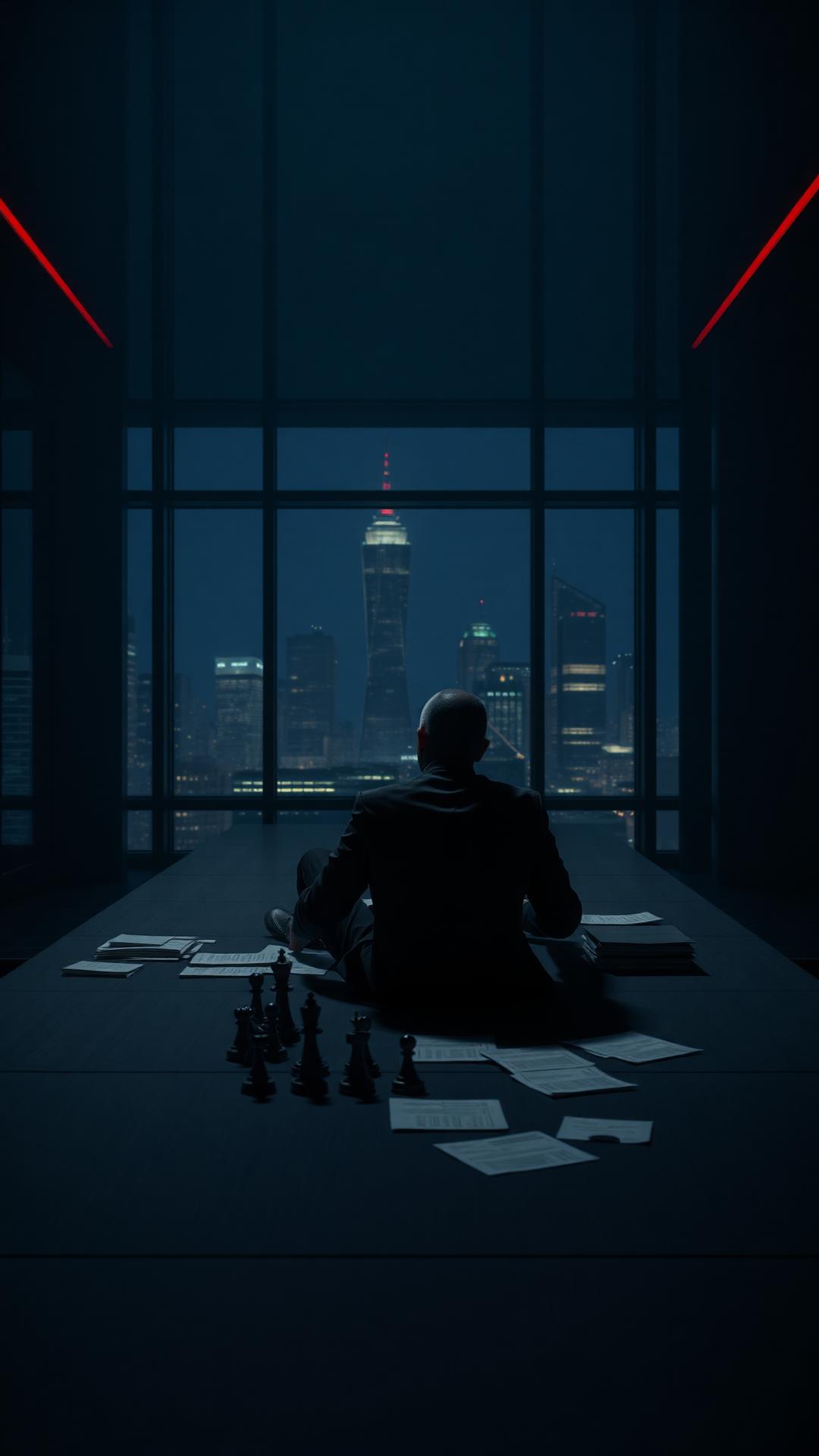 A lone executive in a dark boardroom at night with a lit city skyline outside.