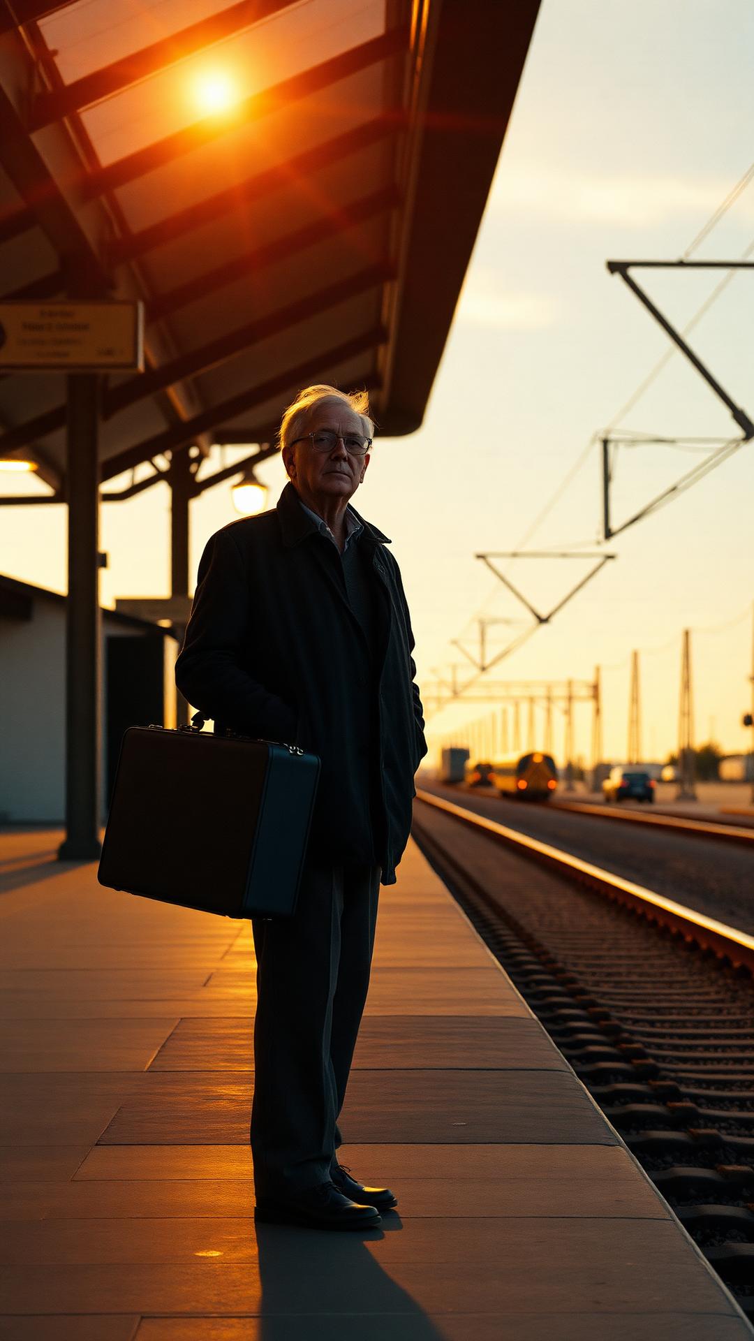 An older man with a suitcase standing on an empty railway platform at warm sunrise.