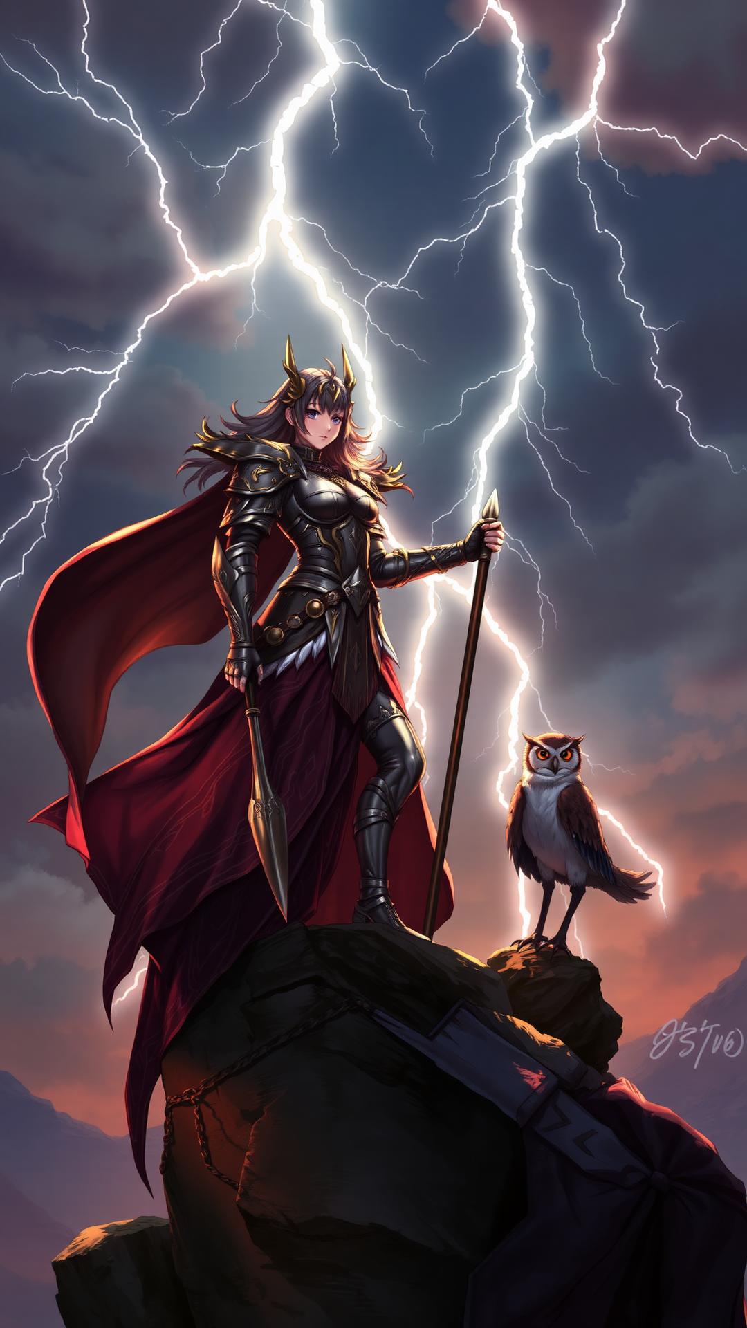 Anime-style warrior queen on a cliff during a lightning storm with an owl companion.