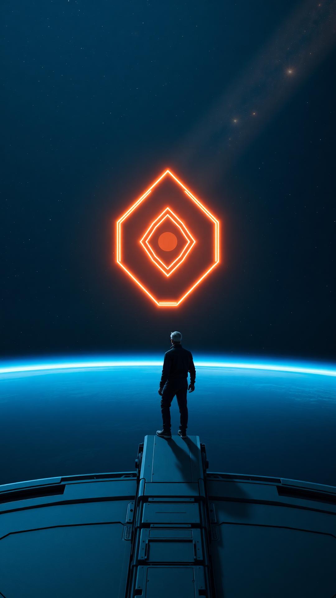 A lone observer on an orbital platform facing a glowing geometric signal in deep space.