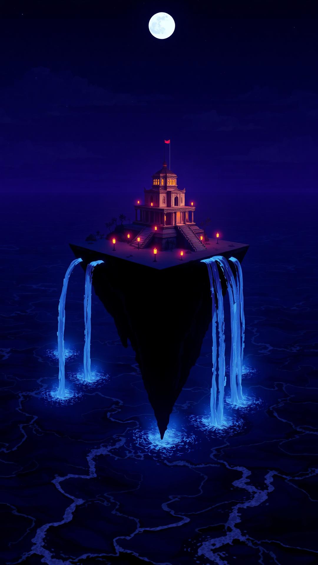A surreal floating island with a lit temple above a dark ocean and moon overhead.
